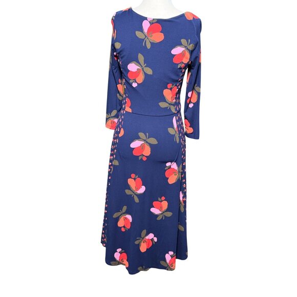Boden Womens Size 4 Floral Fit & Flare Dress Blue Pink Red Long Sleeve - Picture 4 of 8